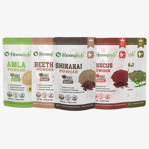 Hennahub Premium Amla, Reetha, Shikakai, Hibiscus, Bhringraj Powder Combo | Double Filter 100gm Each | Ultimate Natural Hair Care Pack of 5 Hennahub Premium Amla, Reetha, Shikakai, Hibiscus, Bhringraj Powder Combo | Double Filter 100gm Each | Ultimate Natural Hair Care Pack of 5