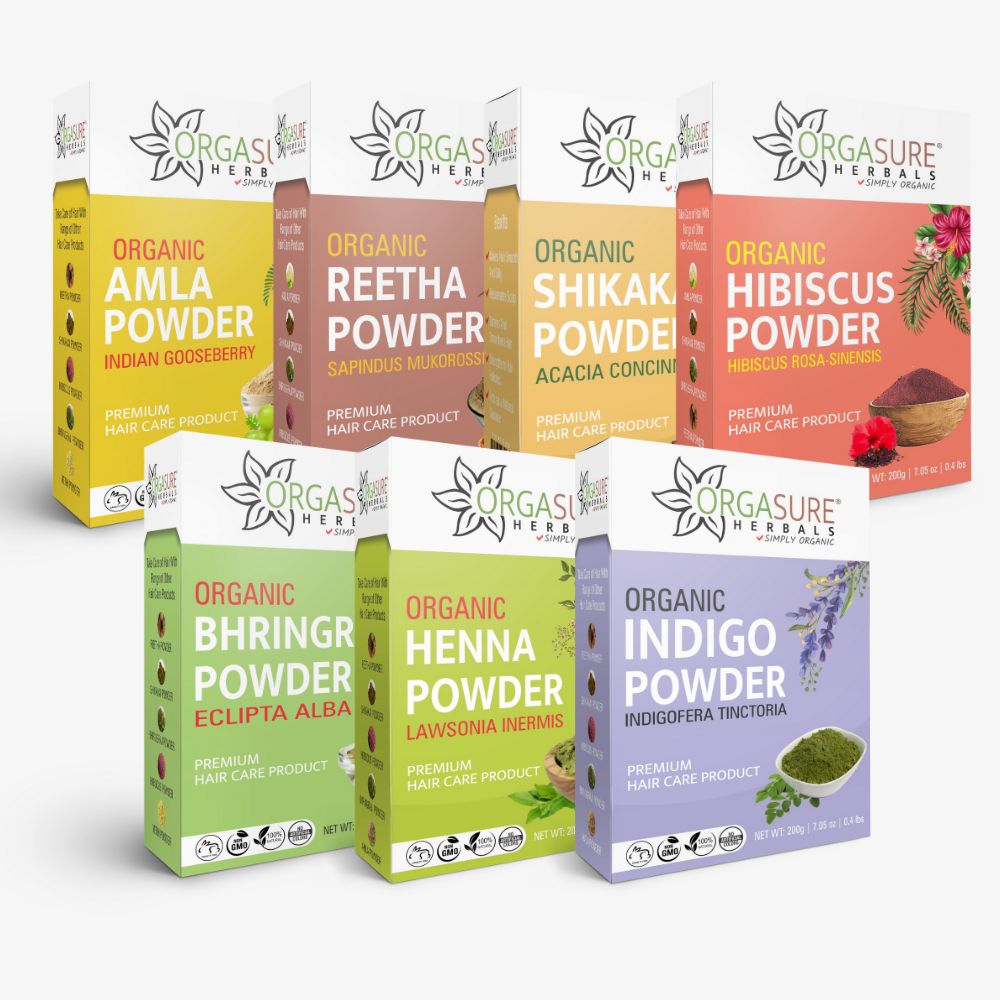 Amla, Reetha, Shikakai, Bhringraj, Hibiscus with Henna and indigo powder for Hair Care,  Combo Pack of 7, Each 200g