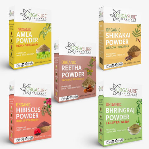 Amla, Reetha, Shikakai, Bhringraj and Hibiscus Powder for Hair Care - Combo Pack of 5 - Each 200g Amla, Reetha, Shikakai, Bhringraj and Hibiscus Powder for Hair Care - Combo Pack of 5 - Each 200g