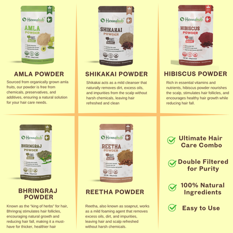 Hennahub Premium Amla, Reetha, Shikakai, Hibiscus, Bhringraj Powder Combo | Double Filter 100gm Each | Ultimate Natural Hair Care Pack of 5 Hennahub Premium Amla, Reetha, Shikakai, Hibiscus, Bhringraj Powder Combo | Double Filter 100gm Each | Ultimate Natural Hair Care Pack of 5