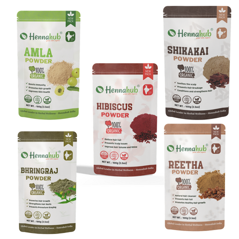 Hennahub Premium Amla, Reetha, Shikakai, Hibiscus, Bhringraj Powder Combo | Double Filter 100gm Each | Ultimate Natural Hair Care Pack of 5 Hennahub Premium Amla, Reetha, Shikakai, Hibiscus, Bhringraj Powder Combo | Double Filter 100gm Each | Ultimate Natural Hair Care Pack of 5