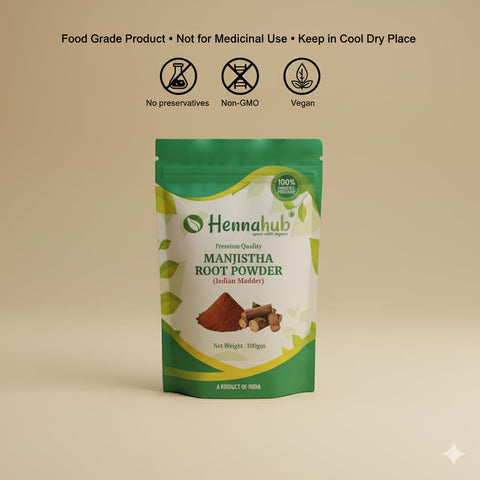 Hennahub Manjistha Root Powder 100gm Pack | 100% Natural Rubia cordifolia Root Powder | Plant-Based Herbal Ingredient