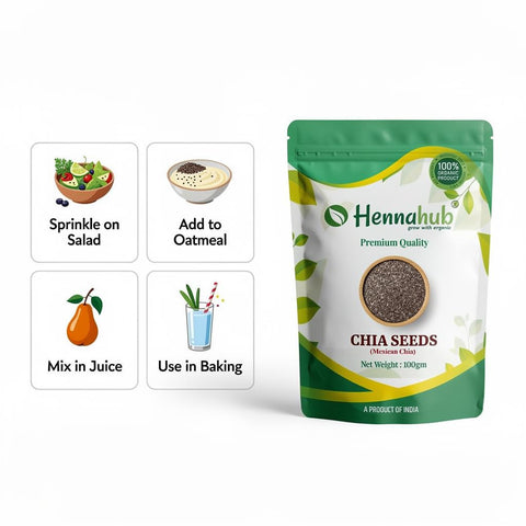 Hennahub Premium Chia Seeds 100g | Raw & Unroasted | Omega-3, Fibre & Protein-Rich Superfood | Gluten-Free Seeds for Smoothies, Puddings, Weight Loss, Salads & Daily Nutrition
