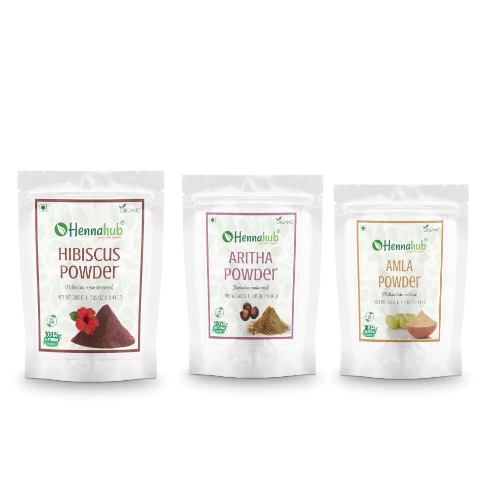 HENNAHUB HIbiscus, Amla and Aritha powder 200g x 3 pack | Organic Hair care Combo Pack | Total 600 gm