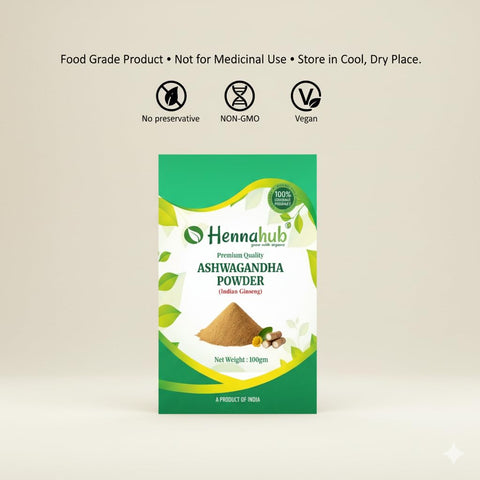 Hennahub Ashwagandha Powder (Food Grade) 100gm Pack | 100% Natural Withania Somnifera Root Powder | Plant-Based Nutrient Source