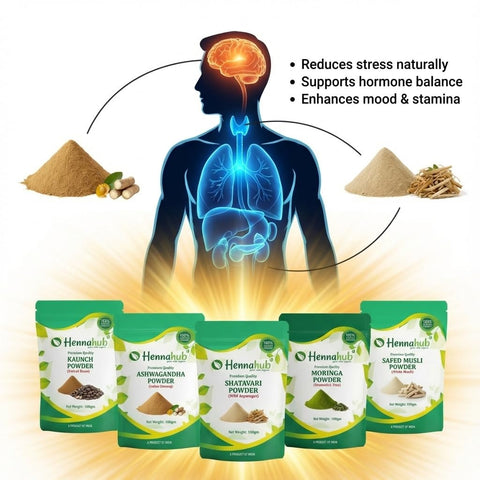 Hennahub Advanced Men’s Performance Combo | Ashwagandha, Safed Musli, Shatavari, Kaunch Beej & Moringa Powder | Pack of 5 x 100g | Strength, Energy, Vitality & Daily Nutrition | Ayurvedic Wellness Boost
