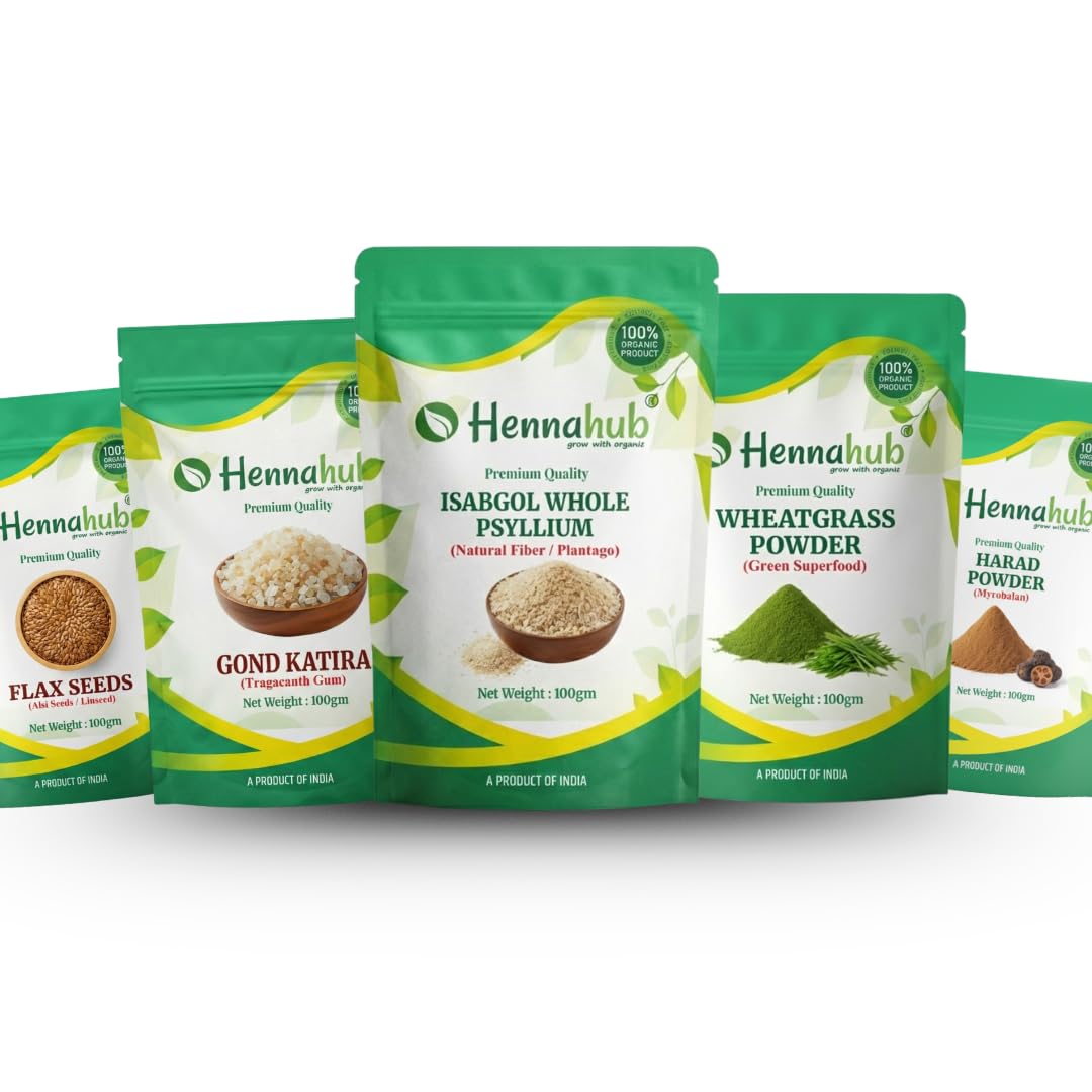 Hennahub Complete Digestive Wellness Combo | Isabgol Husk, Harad  and Wheatgrass Powder, Flax Seeds & Gond Katira | Pack of 5 × 100g | Gut Health, Digestion, Detox, Constipation Relief & Daily Fibre Support