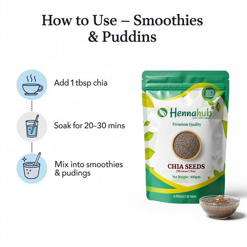 Hennahub Premium Chia Seeds 100g | Raw & Unroasted | Omega-3, Fibre & Protein-Rich Superfood | Gluten-Free Seeds for Smoothies, Puddings, Weight Loss, Salads & Daily Nutrition