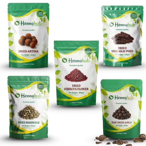 Hennahub Complete Hair Care Raw Herb Combo | Amla, Reetha, Shikakai, Hibiscus & Bhringraj | Pack of 5 × 100g | Traditional Hair Wash, Hair Growth, Anti-Dandruff & Natural Shine | 100% Raw Herbs