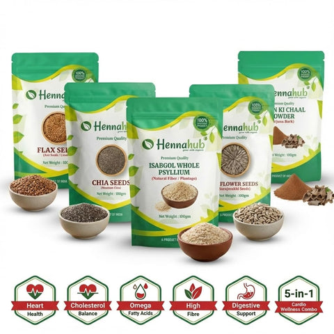 Hennahub Cardio Wellness Seeds & Herb Combo | Arjun ki Chaal Powder, Flax, Chia, Sunflower Seeds & Isabgol Husk | Pack of 5 | Each 100gm | Heart Health, Cholesterol Balance, Fibre & Omega Support