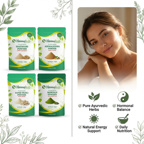 Hennahub Women’s Wellness & Hormone Support Combo | Shatavari, Ashwagandha, Safed Musli & Moringa Powder | Pack of 4 x 100g | Hormonal Balance, Energy, Strength & Daily Nutrition | 100% Ayurvedic