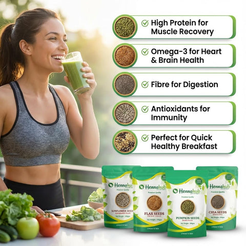 Hennahub Super Seeds Breakfast Mix | Pumpkin Seeds, Sunflower Seeds, Flax Seeds & Chia Seeds | 4 in 1 Combo | Pack of 4 x 100g Each | High Fibre & Protein