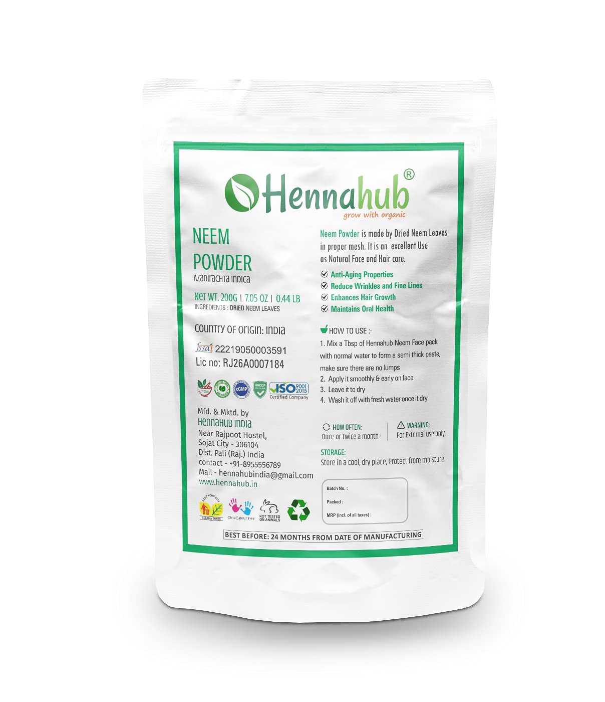Organic Neem Powder for Face Care, 200gm - hennahubstore
